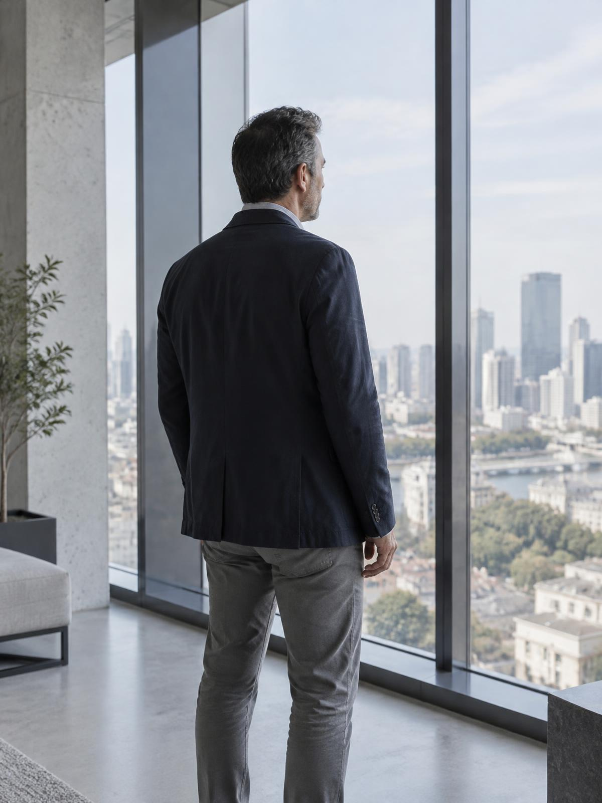 Homem observando a cidade diante de uma grande janela.